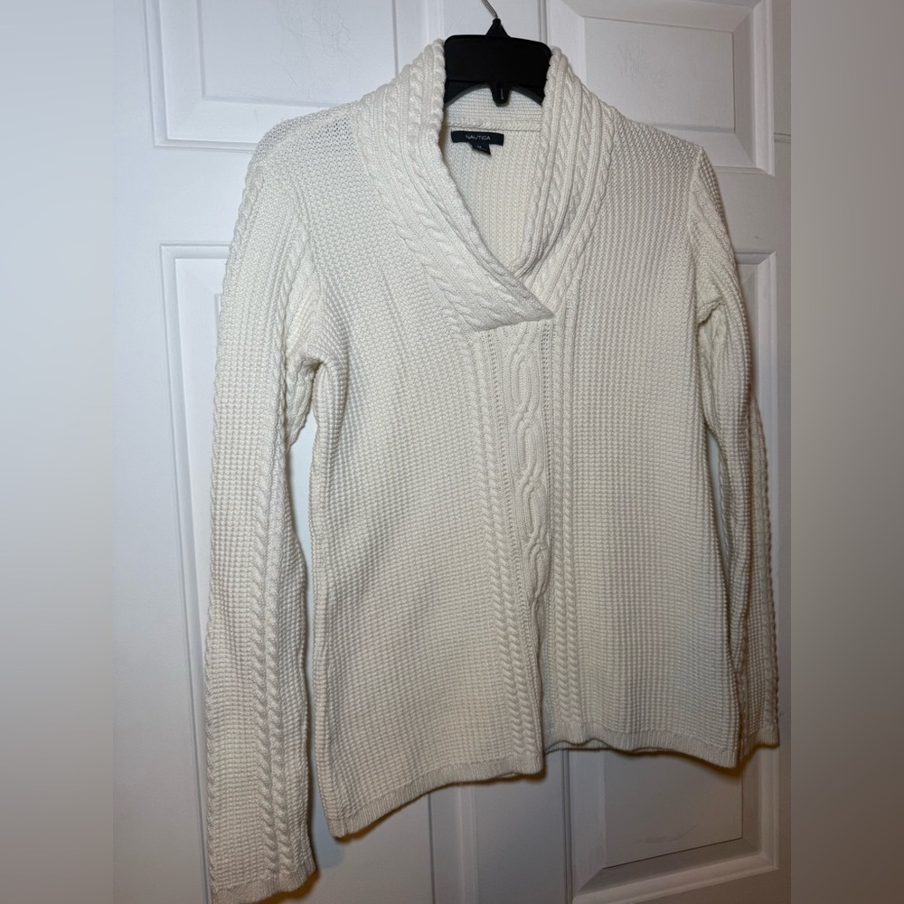 Nautica Woman’s Ivory Cable Knit Shawl Collar Sweater Medium Cotton Classic Warm